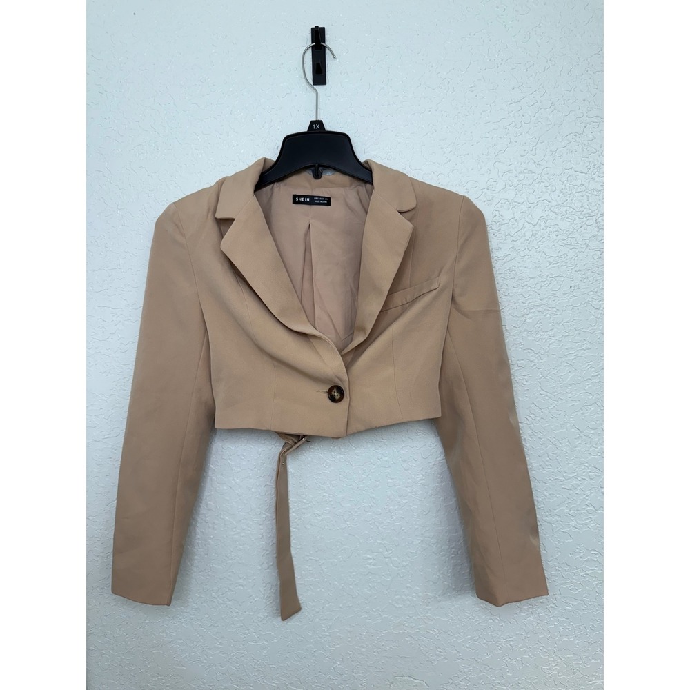 Shein Crop Blazer Tie‎ Waist Tan Neutral Minimalist Jacket Small